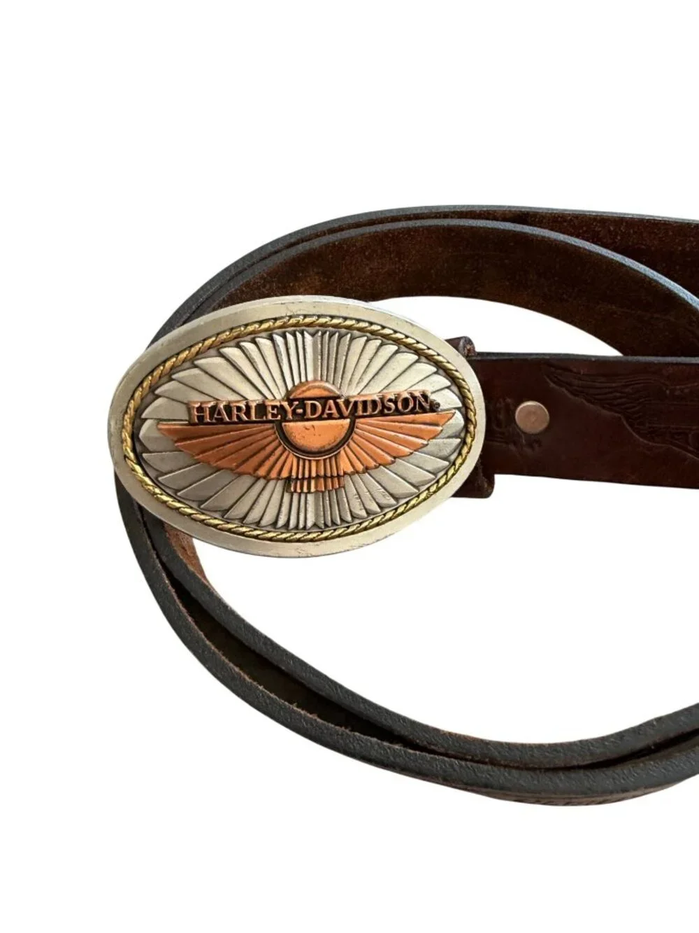 HARLEY DAVIDSON Brown Leather Buckle Belt 33”-38”